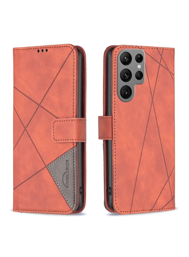 Case Cover For Samsung Galaxy S23 Ultra 5G Magnetic Buckle Rhombus Texture Leather Phone Case Brown