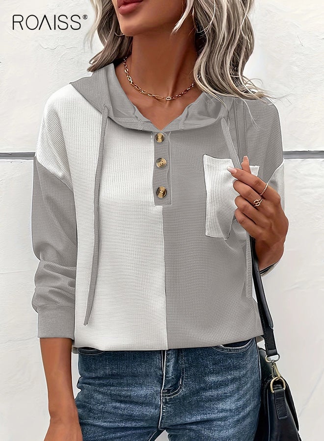 رويس ملابس نسائية مريحة بمقاسات كبيرة مع هودي بألوان متعددة وأزرار وجيب ورباط وأكمام طويلة وطبقة كاجوال سهلة الاستخدام لعطلة نهاية الأسبوع للسيدات - Image 2