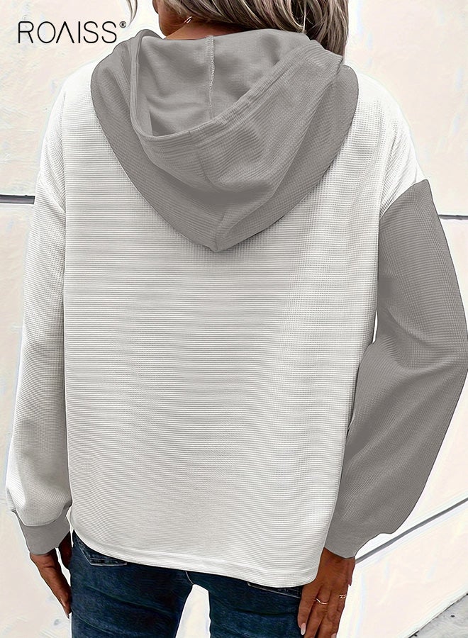 رويس ملابس نسائية مريحة بمقاسات كبيرة مع هودي بألوان متعددة وأزرار وجيب ورباط وأكمام طويلة وطبقة كاجوال سهلة الاستخدام لعطلة نهاية الأسبوع للسيدات - Image 3