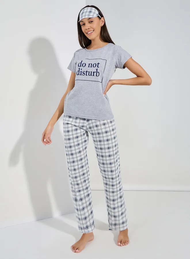 Styli Styli Do Not Disturb Slogan T-Shirt and Checked Pyjama Set