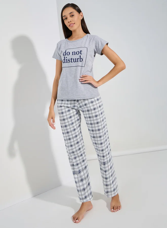 Styli Styli Do Not Disturb Slogan T-Shirt and Checked Pyjama Set