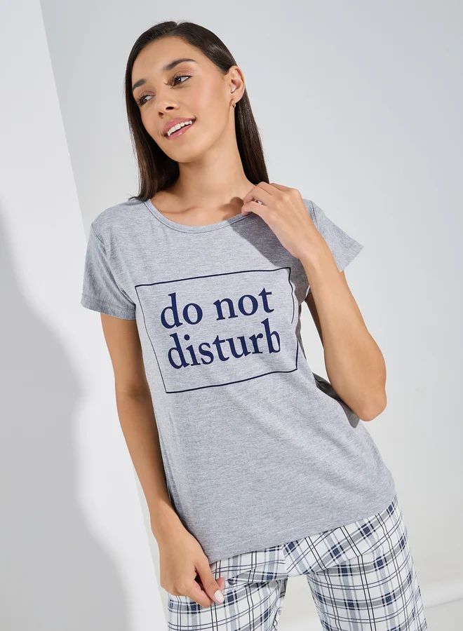 Styli Styli Do Not Disturb Slogan T-Shirt and Checked Pyjama Set