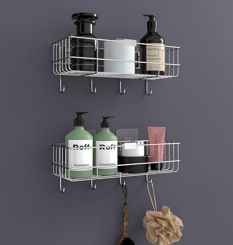 Homeor Stainless Steel Self Adhesive Bathroom Shelf with 4 Hooks for Wall/Shelf Organizer/Kitchen Shelf with Magic Stickers, Saving Wall Mounted Bathroom Shelf, Pack of 2, Chrome - Image 1