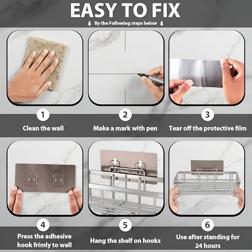 Homeor Stainless Steel Self Adhesive Bathroom Shelf with 4 Hooks for Wall/Shelf Organizer/Kitchen Shelf with Magic Stickers, Saving Wall Mounted Bathroom Shelf, Pack of 2, Chrome - Image 3