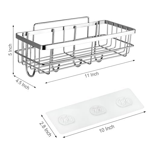 Homeor Stainless Steel Self Adhesive Bathroom Shelf with 4 Hooks for Wall/Shelf Organizer/Kitchen Shelf with Magic Stickers, Saving Wall Mounted Bathroom Shelf, Pack of 2, Chrome - Image 2