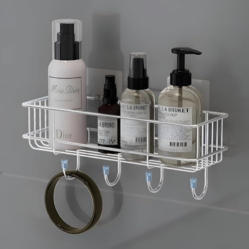 Homeor Stainless Steel Self Adhesive Bathroom Shelf with 4 Hooks for Wall/Shelf Organizer/Kitchen Shelf with Magic Stickers, Saving Wall Mounted Bathroom Shelf, Pack of 2, Chrome - Image 4