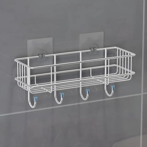 Homeor Stainless Steel Self Adhesive Bathroom Shelf with 4 Hooks for Wall/Shelf Organizer/Kitchen Shelf with Magic Stickers, Saving Wall Mounted Bathroom Shelf, Pack of 2, Chrome - Image 5