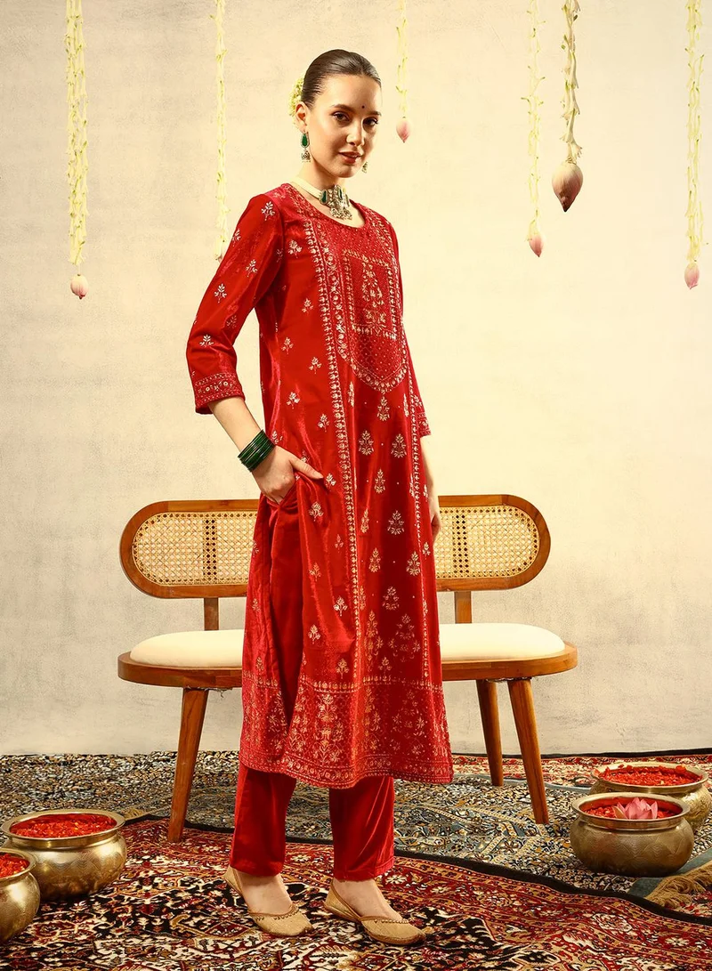 ISHIN  Pink Gold Print Festive Kurta with Trouser & Velvet Dupatta for Women | Best Price UAE