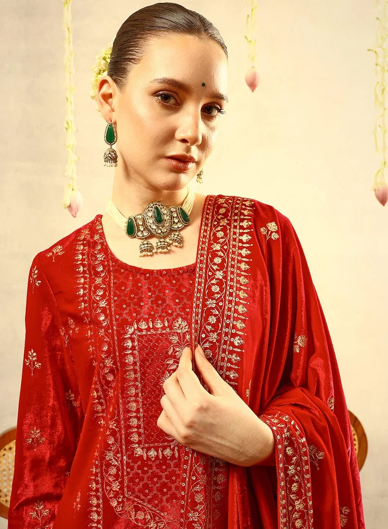 ISHIN Pink Gold Print Festive Kurta with Trouser & Velvet Dupatta