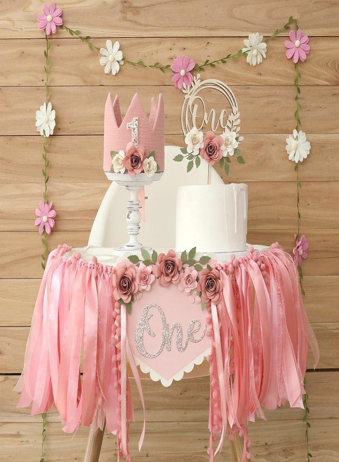 DCJHFJ Vintage Pink 1st Flower High Chair Banner Girl Birthday Party Decoration With Birthday Hat - Image 1