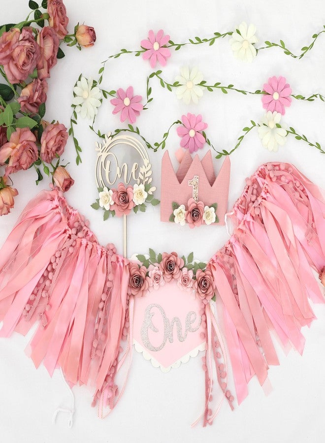 DCJHFJ Vintage Pink 1st Flower High Chair Banner Girl Birthday Party Decoration With Birthday Hat - Image 2