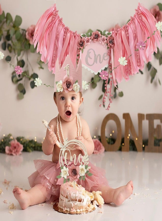DCJHFJ Vintage Pink 1st Flower High Chair Banner Girl Birthday Party Decoration With Birthday Hat - Image 5