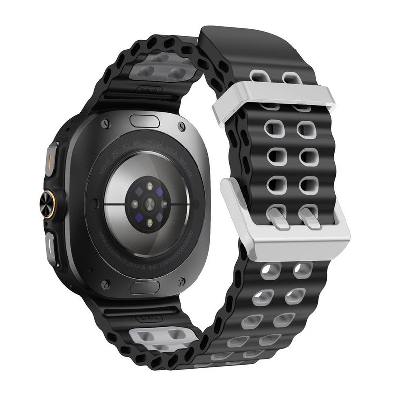 erorex For Samsung Galaxy Watch Ultra / Ultra 2025 Ocean Two Color Dual-Row Hole Silver Buckle Silicone Watch Band(Black Grey) - Image 2