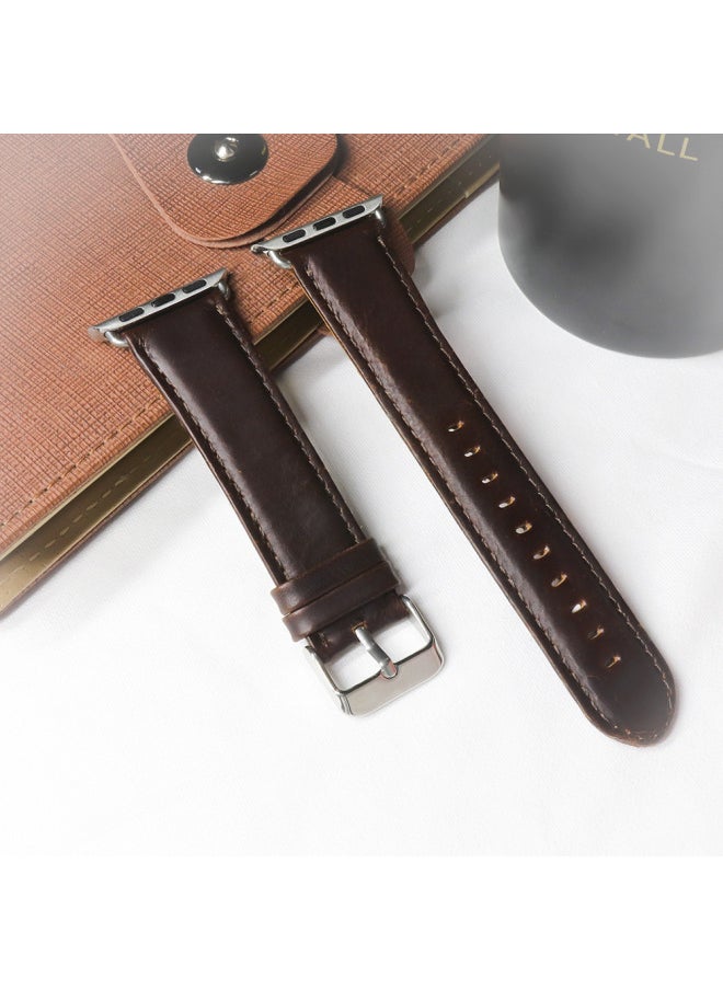 Generic - For Apple Watch Apple Watch Strap IWatch Crazy Horse Pattern Genuine Leather With Wooden Box Packaging-Color:Round Tail 38mm/40mm/41mm/42mm(series 10) Dark Brown - Image 1