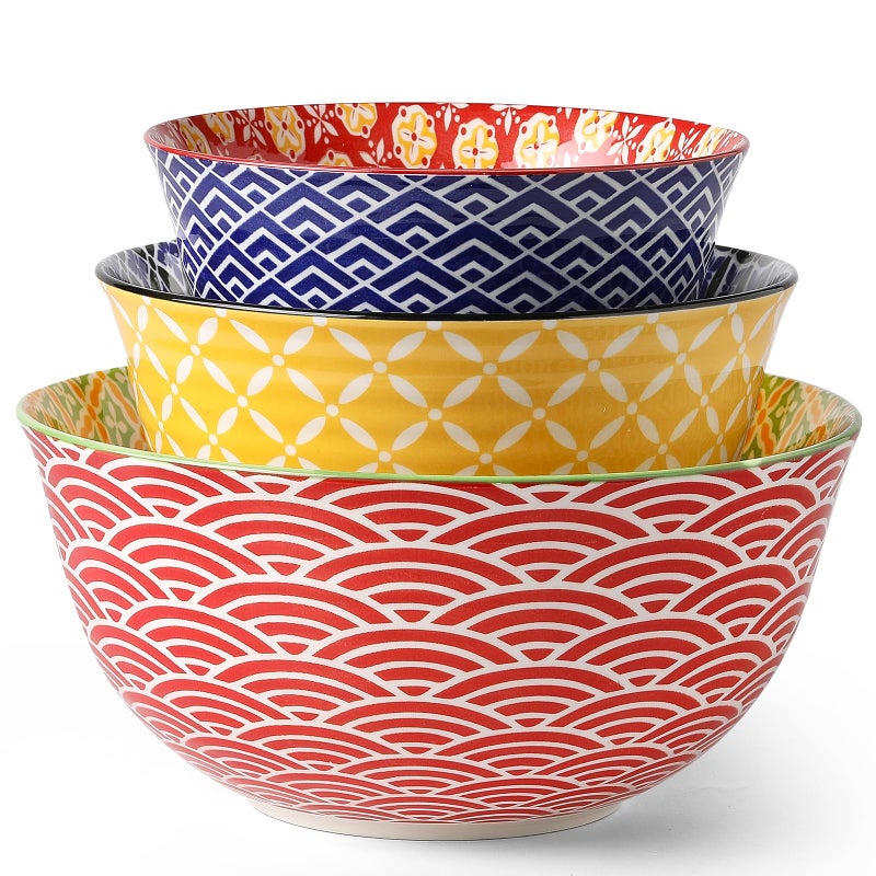 Metahom Ceramic Mixing Bowls for Kitchen Colorful Nesting Bowls Large Serving Bowls for Prepping Baking Mixing Salad Microwave Dishwasher Safe 372314 Qt Set of 3
