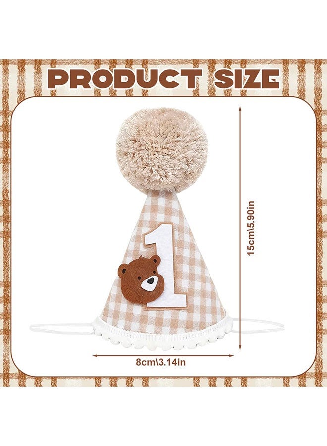 1st Birthday Cone Hat, Adorable Bear Checkered Pattern Adjustable Crown, Photo Prop for Baby Shower Eid Gender Reveal Gifts - Image 2