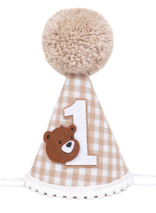 1st Birthday Cone Hat, Adorable Bear Checkered Pattern Adjustable Crown, Photo Prop for Baby Shower Eid Gender Reveal Gifts - Image 1