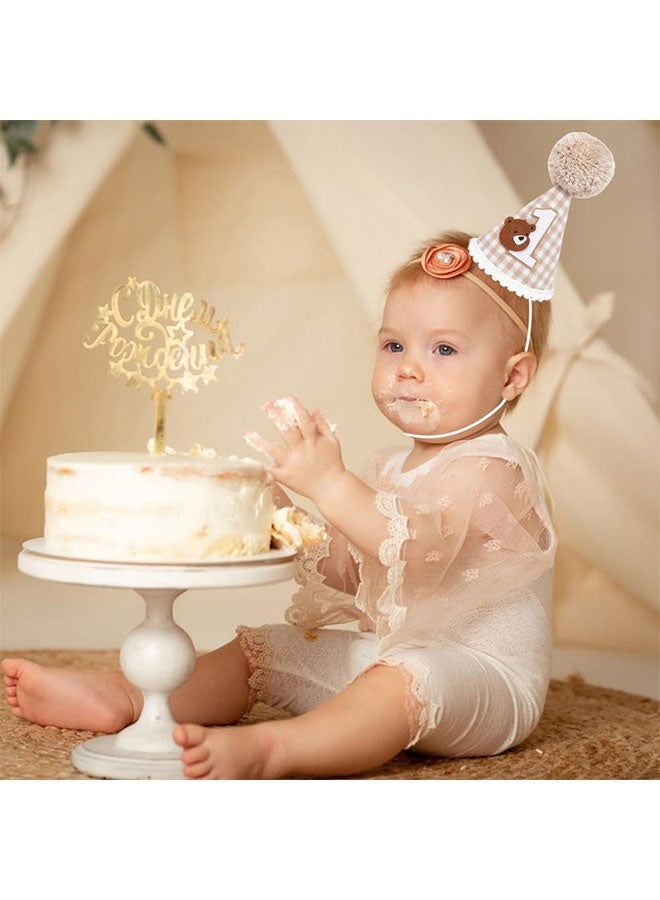 1st Birthday Cone Hat, Adorable Bear Checkered Pattern Adjustable Crown, Photo Prop for Baby Shower Eid Gender Reveal Gifts - Image 4