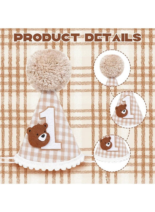 1st Birthday Cone Hat, Adorable Bear Checkered Pattern Adjustable Crown, Photo Prop for Baby Shower Eid Gender Reveal Gifts - Image 3