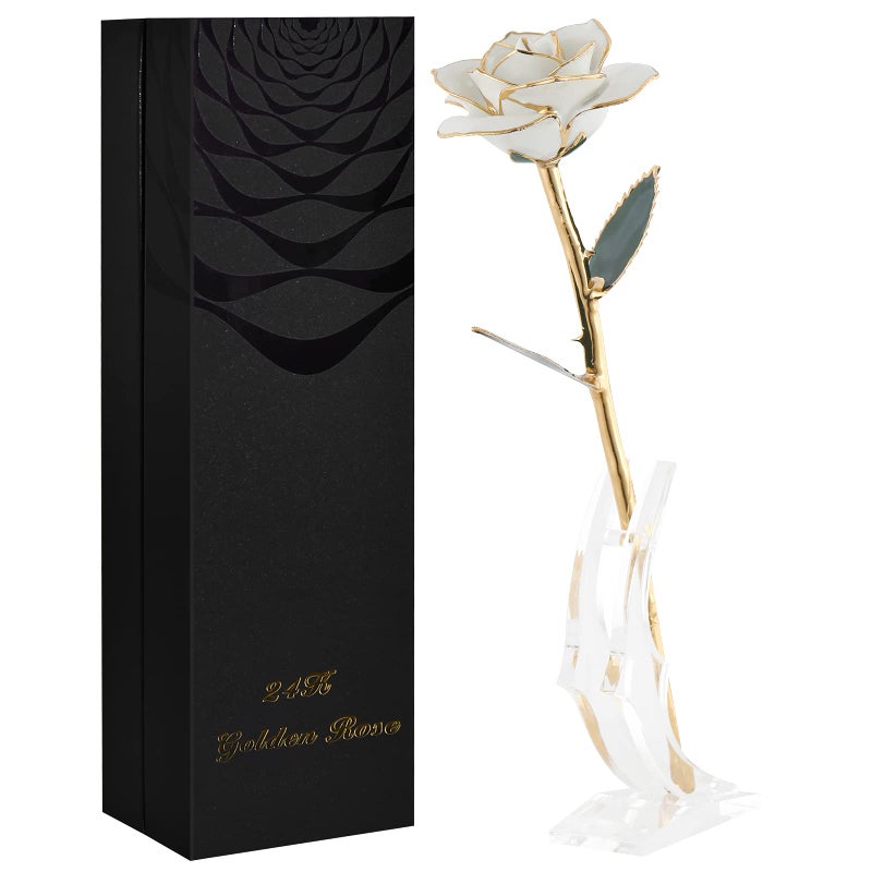 SW White Gold Rose Gifts for Women 24k Gold Dipped Real Rose Lasted Forever with Stand for Her Christmas Valentines Day  Mothers Day  Birthday