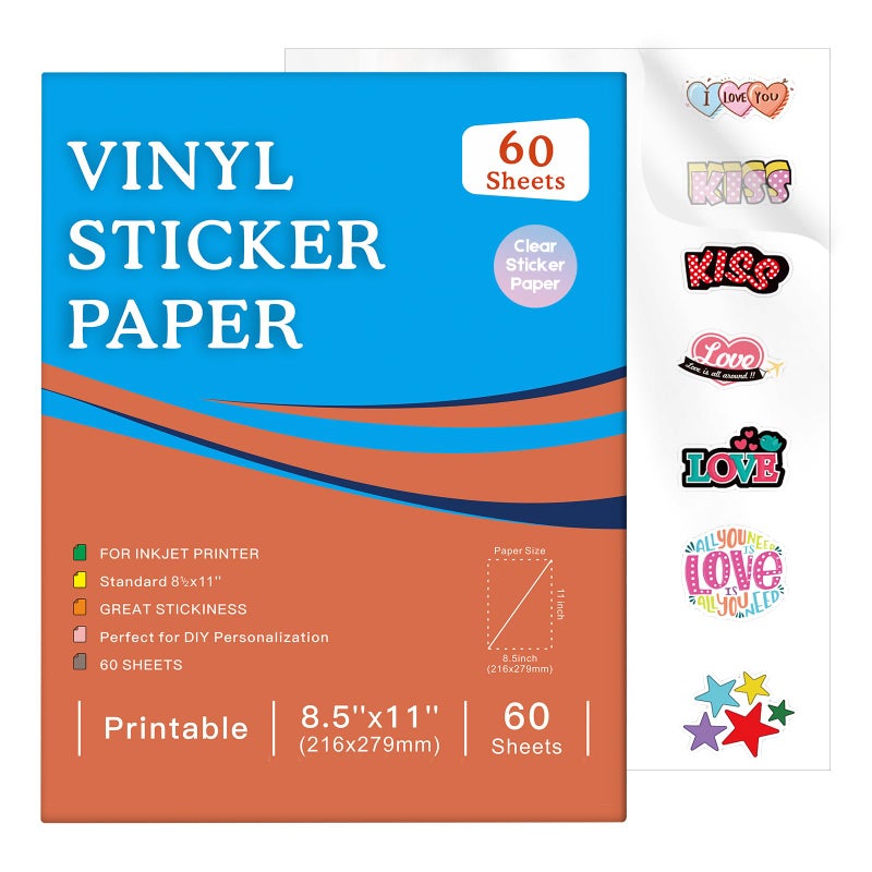 Aevdor 60 Sheets Premium Printable Clear Vinyl Sticker Paper for Inkjet Printer, 8.5x11" Transparently Vinyl Sticker Paper Waterproof, Dries Quickly, Vivid Colors, Tear Resistant, Great for Cutting Machines - Image 1