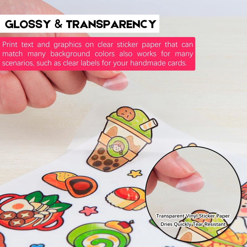 Aevdor 60 Sheets Premium Printable Clear Vinyl Sticker Paper for Inkjet Printer, 8.5x11" Transparently Vinyl Sticker Paper Waterproof, Dries Quickly, Vivid Colors, Tear Resistant, Great for Cutting Machines - Image 2