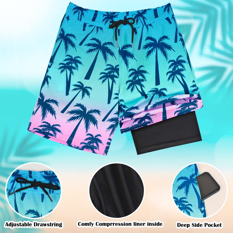 OlyPegic Boys Swim Trunks Size 10-12, Boy Swim Shorts Boy Bathing Suit Swimsuit Kids Swimwear Board Shorts with Boxer Brief Liner Compression Toddler Beach Running Swim Trunks (Coconut Tree) - Image 5