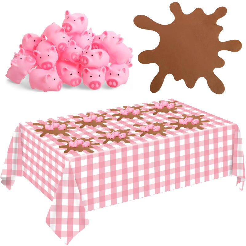 FoldTier 33 Pcs Pink Pig Birthday Party Supplies Includes Mini Rubber Pink Pig Muddy Puddle Placemat Plastic Disposable Checkered Tablecloth for Piggy Theme Party Decorations - Image 1