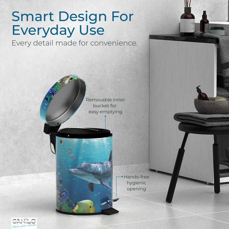 Sanilo Small Bathroom Trash Can with Lid [1.3 Gallon] - Lidded Tiny Trashcan for Garbage - Mini Metal Bin with Soft Closing Mechanism - Bath Room Accessoire Wastebin with Inner Bucket (Dolphin) - Image 4