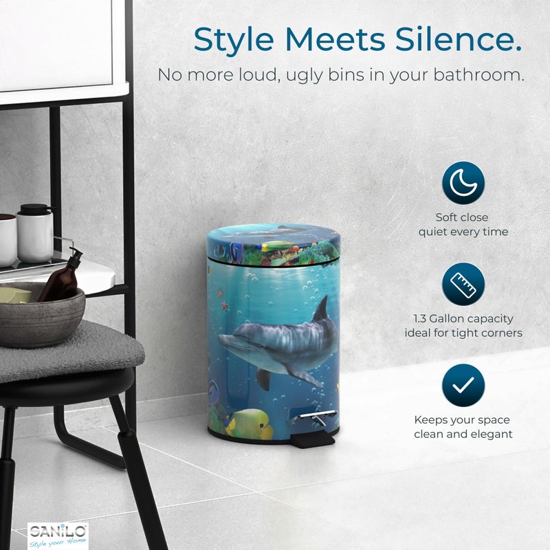 Sanilo Small Bathroom Trash Can with Lid [1.3 Gallon] - Lidded Tiny Trashcan for Garbage - Mini Metal Bin with Soft Closing Mechanism - Bath Room Accessoire Wastebin with Inner Bucket (Dolphin) - Image 3