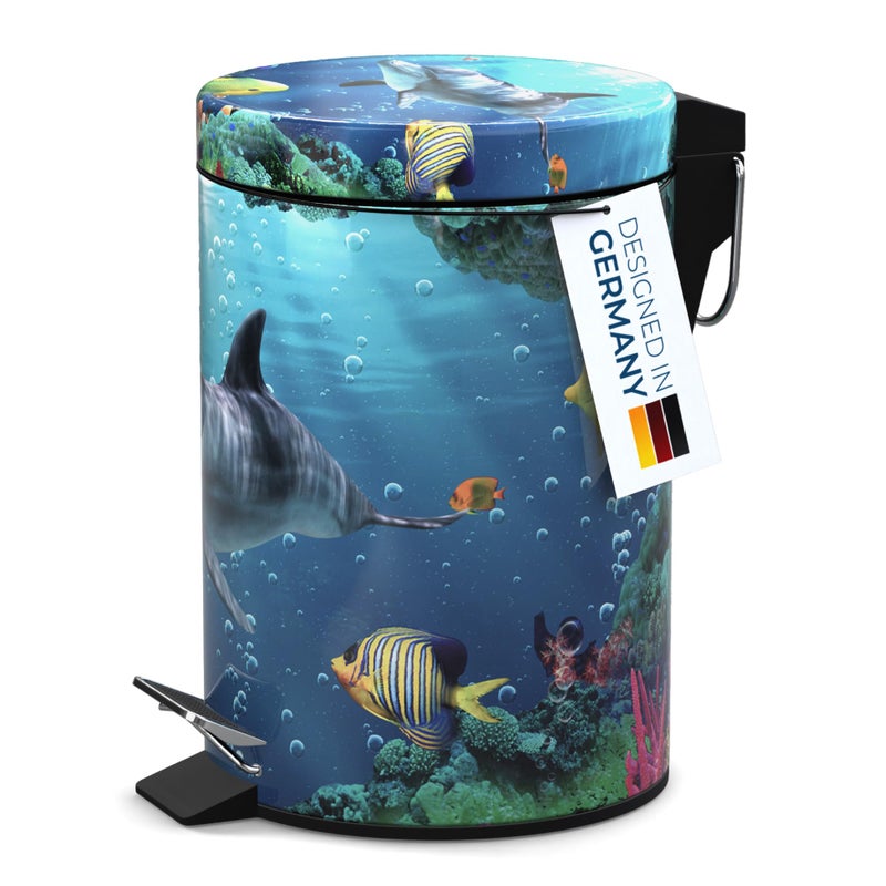 Sanilo Small Bathroom Trash Can with Lid [1.3 Gallon] - Lidded Tiny Trashcan for Garbage - Mini Metal Bin with Soft Closing Mechanism - Bath Room Accessoire Wastebin with Inner Bucket (Dolphin) - Image 2