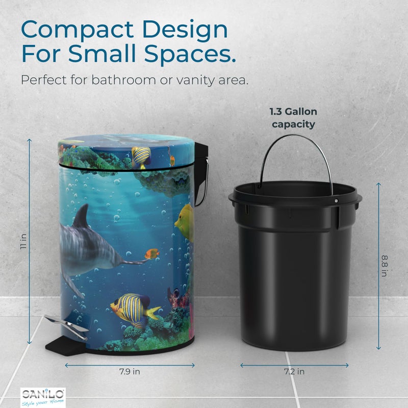 Sanilo Small Bathroom Trash Can with Lid [1.3 Gallon] - Lidded Tiny Trashcan for Garbage - Mini Metal Bin with Soft Closing Mechanism - Bath Room Accessoire Wastebin with Inner Bucket (Dolphin) - Image 5