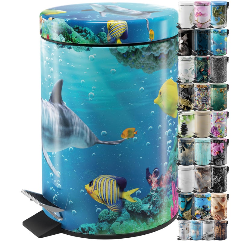 Sanilo Small Bathroom Trash Can with Lid [1.3 Gallon] - Lidded Tiny Trashcan for Garbage - Mini Metal Bin with Soft Closing Mechanism - Bath Room Accessoire Wastebin with Inner Bucket (Dolphin) - Image 1