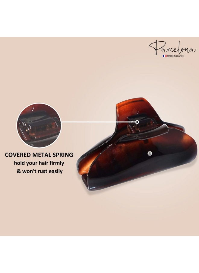 Parcelona - French Elegant Medium Tortoise Shell Brown Celluloid Acetate Covered Spring Jaw Hair Claw Clip Clutcher Clamp With Flat Teeth For Long Fine Hair - Image 1