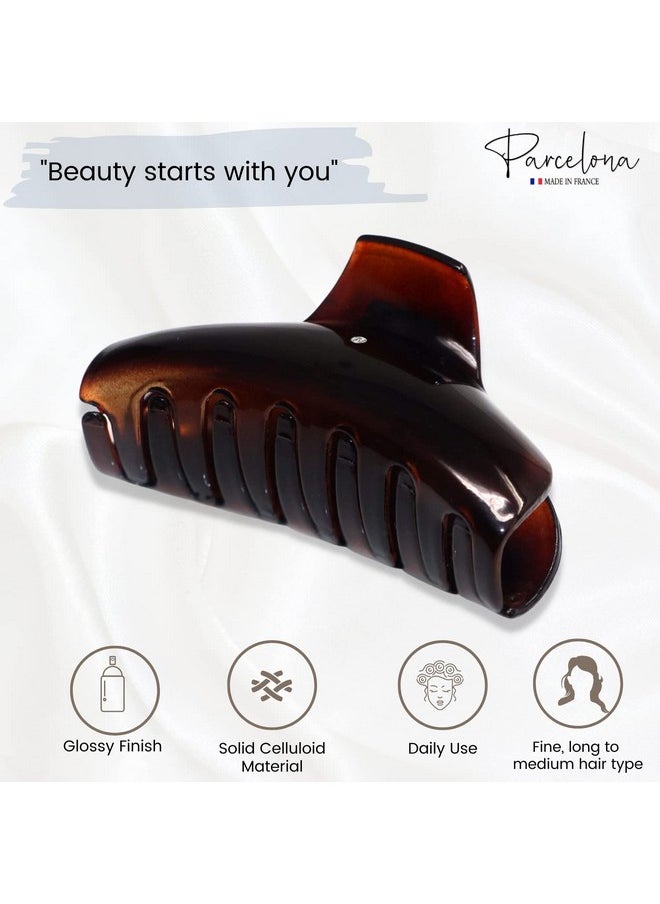 Parcelona - French Elegant Medium Tortoise Shell Brown Celluloid Acetate Covered Spring Jaw Hair Claw Clip Clutcher Clamp With Flat Teeth For Long Fine Hair - Image 1