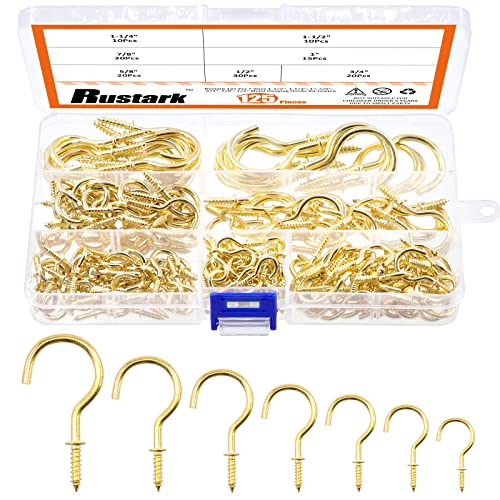 Rustark 125Pcs Gold Screw-in Cup Hooks Kit, 7 Sizes Ceiling Small Hooks for Hanging Outdoor or Indoor Use (1/2” 5/8” 3/4” 7/8” 1" 1-1/4” 1-1/2”)(Gold) - Image 1