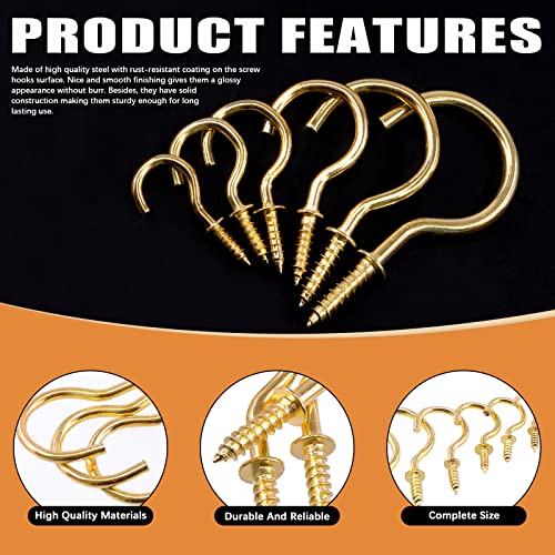 Rustark 125Pcs Gold Screw-in Cup Hooks Kit, 7 Sizes Ceiling Small Hooks for Hanging Outdoor or Indoor Use (1/2” 5/8” 3/4” 7/8” 1" 1-1/4” 1-1/2”)(Gold) - Image 3