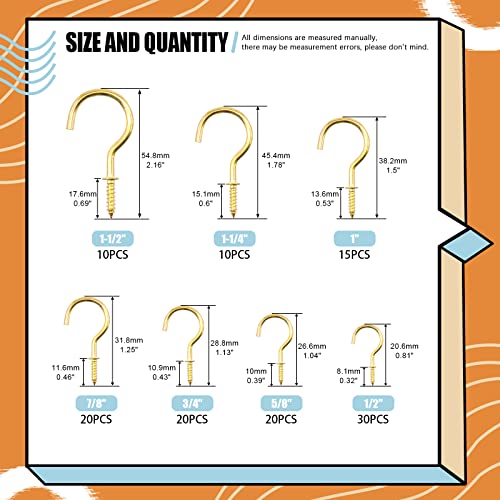 Rustark 125Pcs Gold Screw-in Cup Hooks Kit, 7 Sizes Ceiling Small Hooks for Hanging Outdoor or Indoor Use (1/2” 5/8” 3/4” 7/8” 1" 1-1/4” 1-1/2”)(Gold) - Image 2