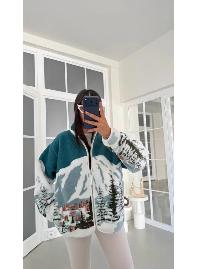 Gaus  Ecru Petrol Green Back Print Detailed Zippered Fleece Sweatshirt GAUS-01911 GAUS-01916. for Women | Best Price UAE