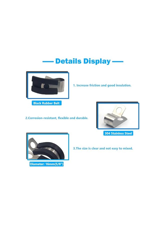 PROMASS promass 20 Pcs Rubber Lined P Clips, 16mm Cable Clamp, 5/8 Inch Stainless Steel Cable Clamp, Hose Pipe Clamps, Metal Wire Cable Loop Clamp Kit for Ship, Electrical, Automotive, Hose Cable  - Image 3