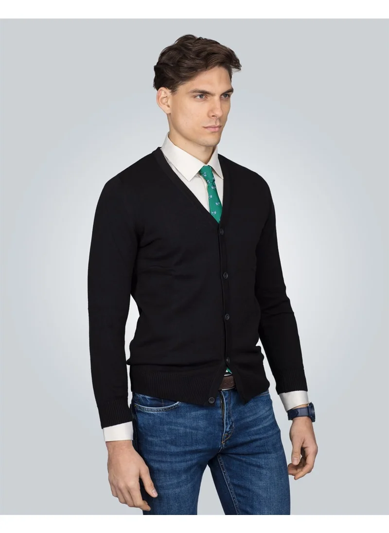تودورس V-Neck Black Basic Cotton Men's Cardigan