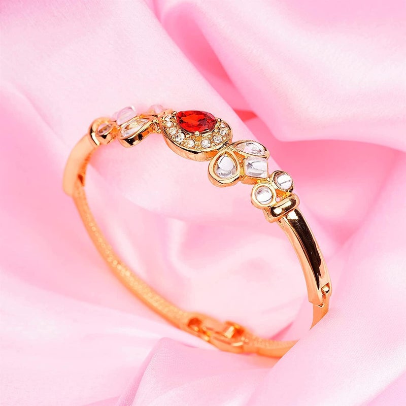 Estele 24 Kt Gold and Silver Plated Non-Precious Metal Brass Ruby Halo Regal Kundan Cuff Bracelet for girls - Image 2