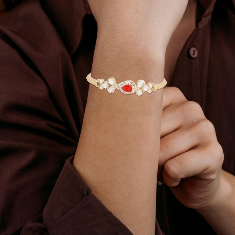 Estele 24 Kt Gold and Silver Plated Non-Precious Metal Brass Ruby Halo Regal Kundan Cuff Bracelet for girls - Image 3