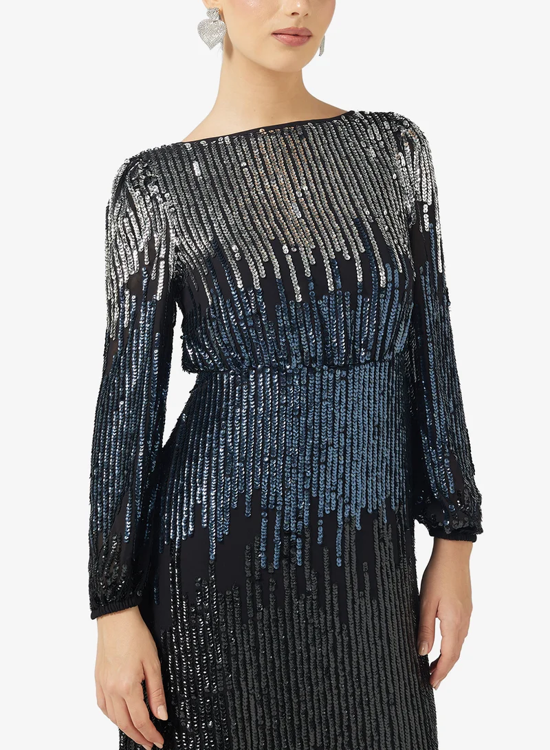 اميليا روز Crew Neck Sequin Tiered Dress