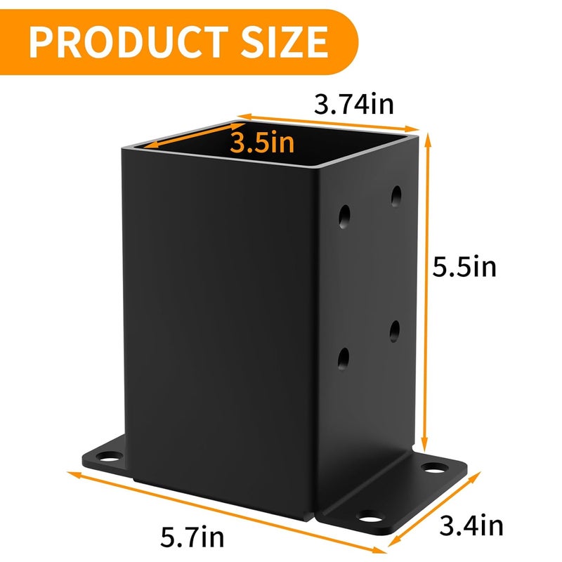 AOSTD 4x4 Post Base 2PCS, Inner Size 3.5x3.5 Inch Fence Post Anchor, Rust-Proof Heavy Duty Metal Black Powder-Coated Railing Post Brackets, for Support Deck, Pergola, Includes Screws - Image 2