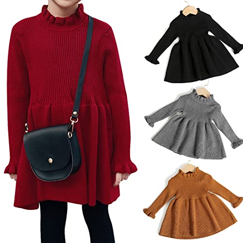 Simplee kids Little Girls' Knitted Dresses Long Sleeve Sweater Dress Ribbed Winter Clothes Coat Outits Red - Image 2
