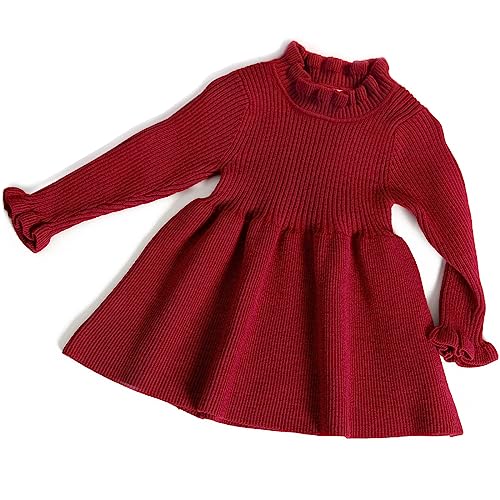 Simplee kids Little Girls' Knitted Dresses Long Sleeve Sweater Dress Ribbed Winter Clothes Coat Outits Red - Image 1