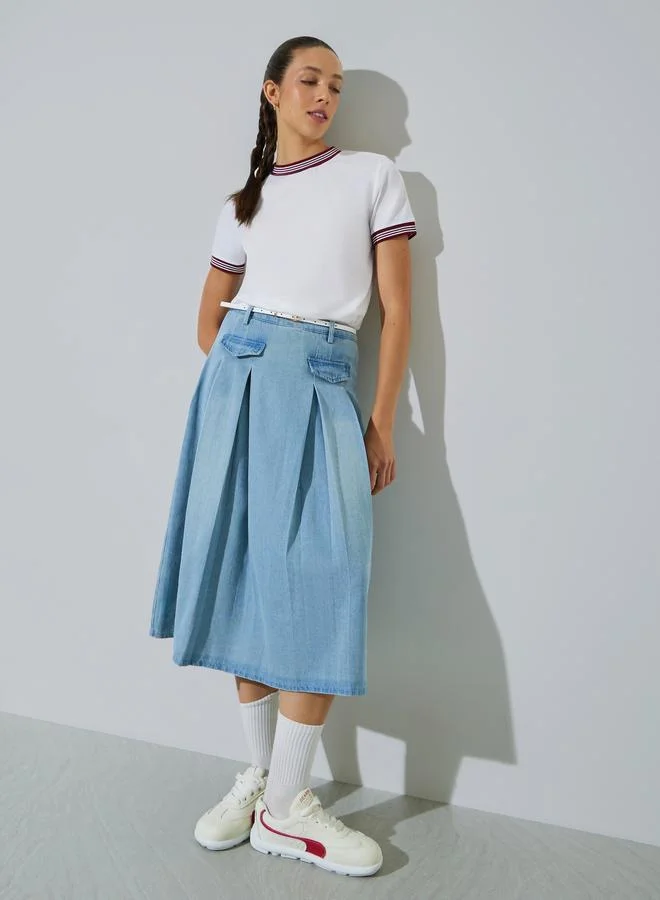 Styli White Round Neck T-Shirt with Striped Trim