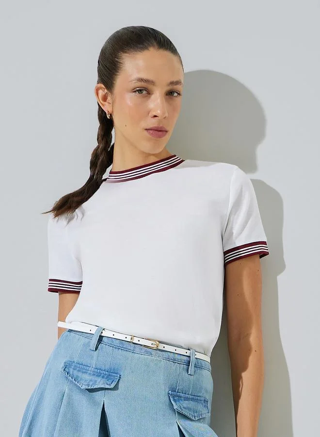 Styli White Round Neck T-Shirt with Striped Trim