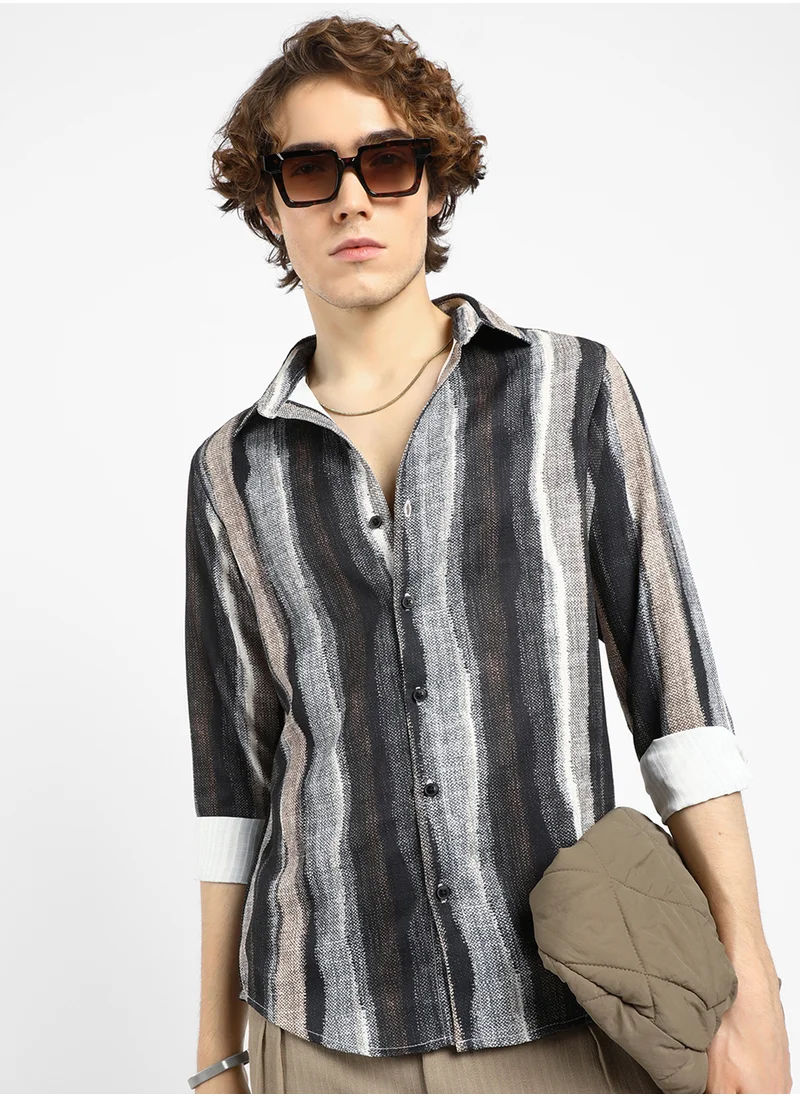 Campus Sutra Men's Prussian Blue & Ash Brown Brushed-Stripe Shirt